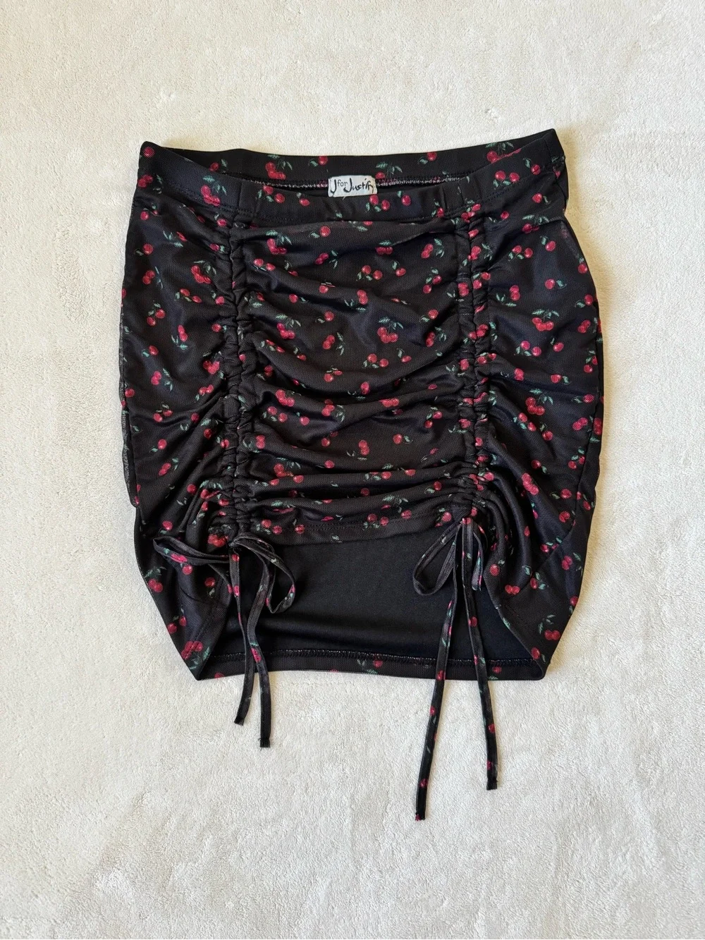 Black Cherry Ruched Mini Skirt Tie Detail Y2K Fruit Print Size M Ruffle Flair